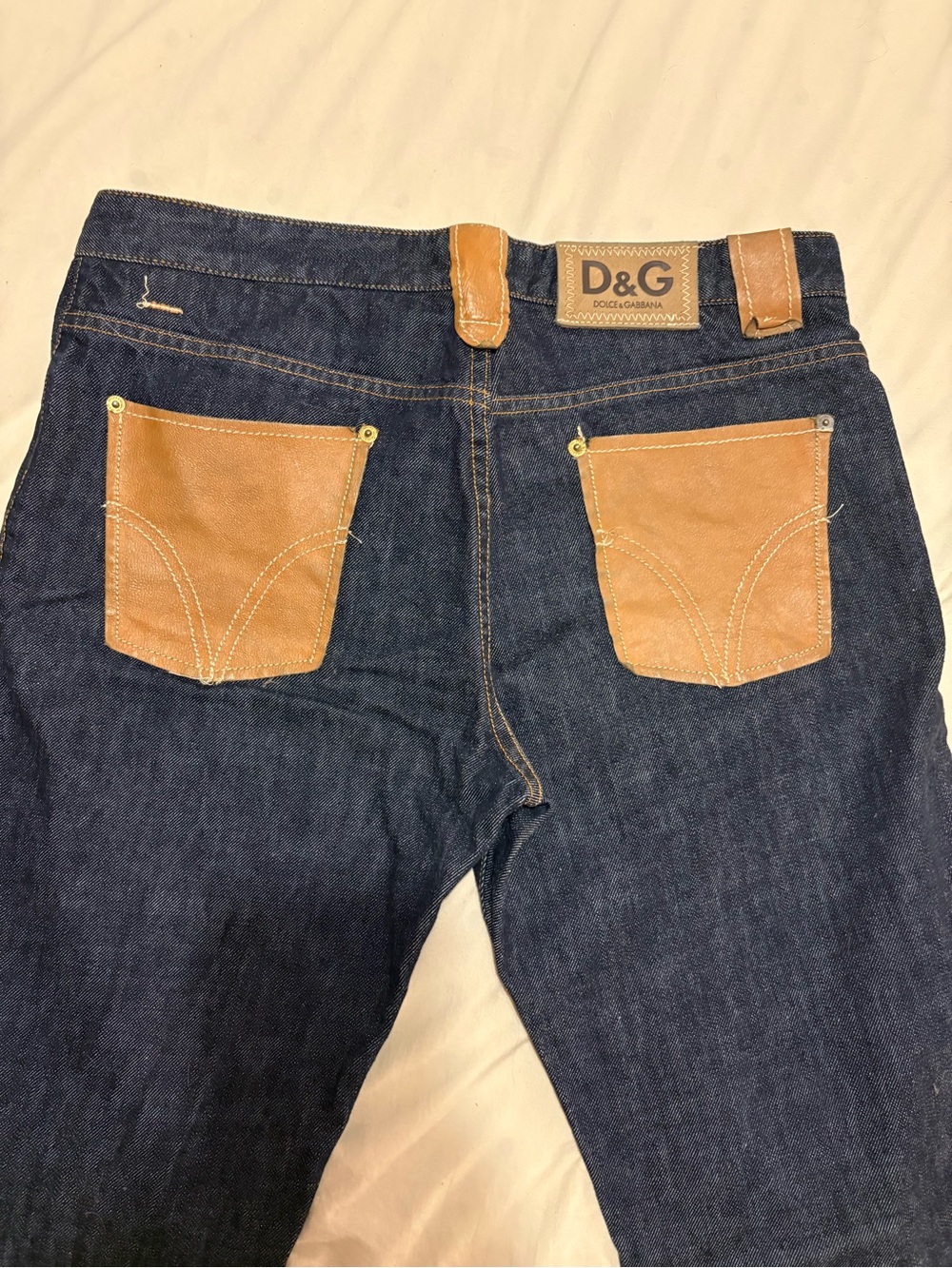 Dolce & Gabbana Men's Dark Blue Denim Jeans with Brown Leather Trim - Picture 3 of 7